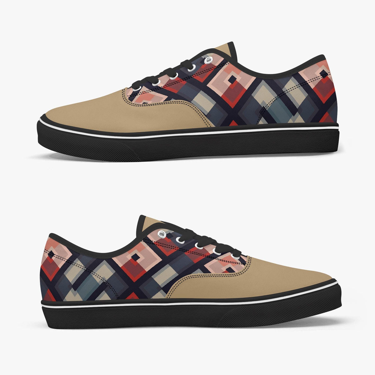 A pair of colorful patterned sneakers with a geometric design.