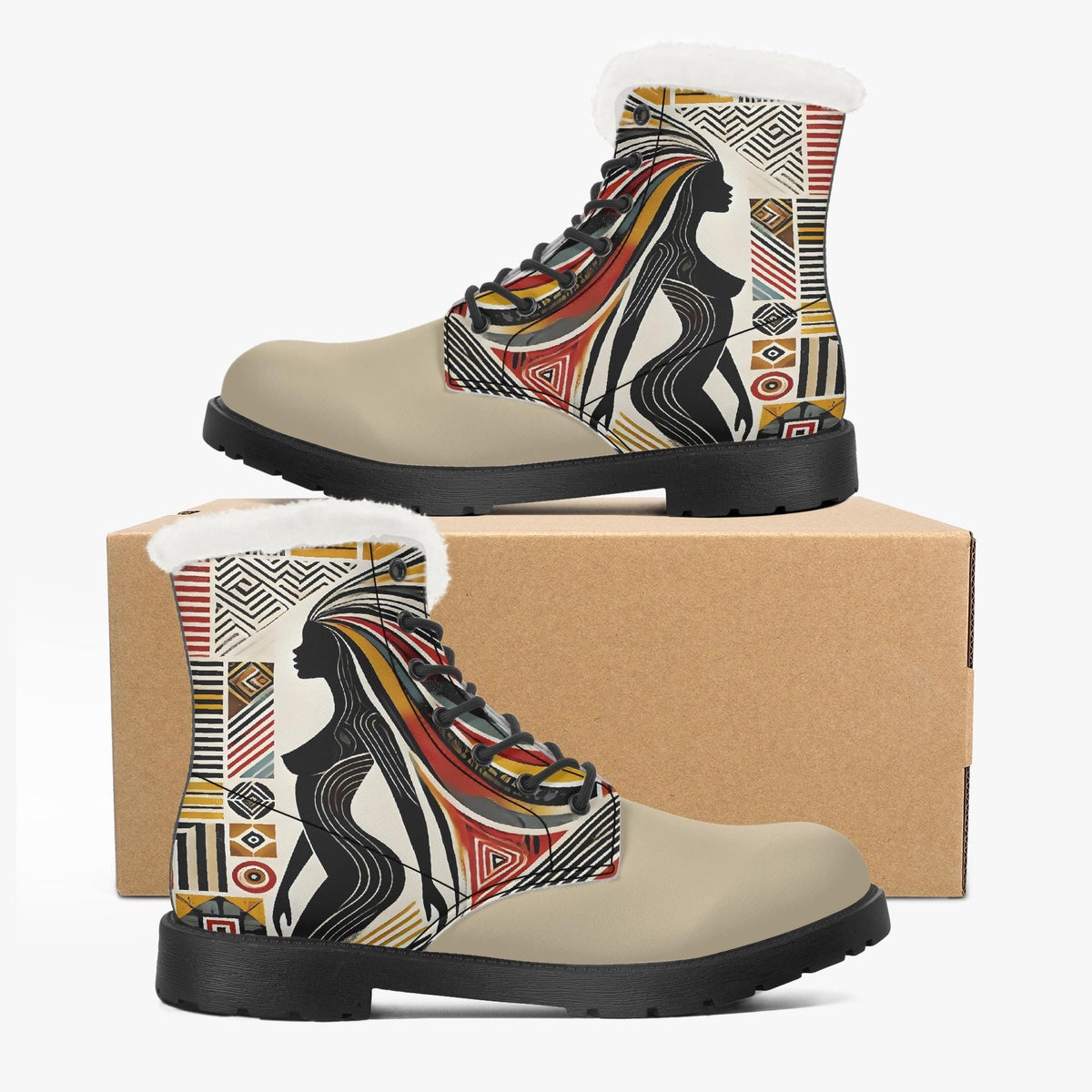 A pair of beige boots with a colorful, abstract design featuring a stylized female figure on the side.
