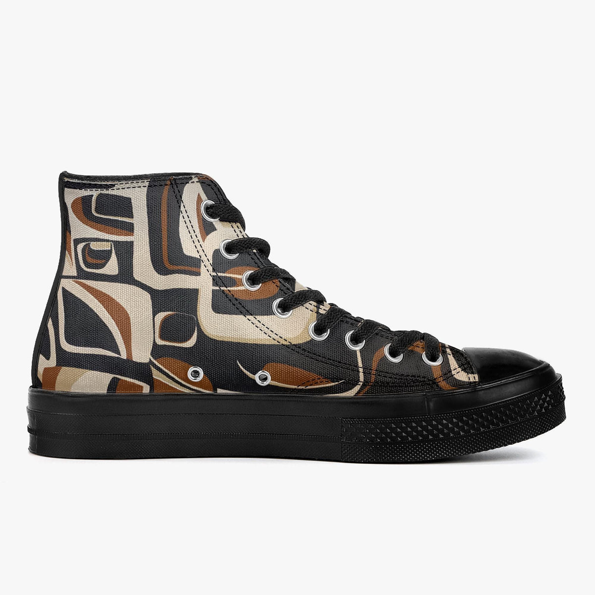 A pair of high-top sneakers with a black and brown abstract pattern on the side.