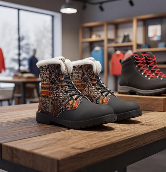 A pair of patterned boots with fur lining, displayed on a wooden table in a retail setting.