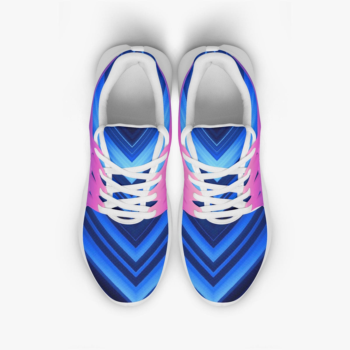 A pair of colorful sneakers with a geometric pattern in shades of blue, pink, and white.