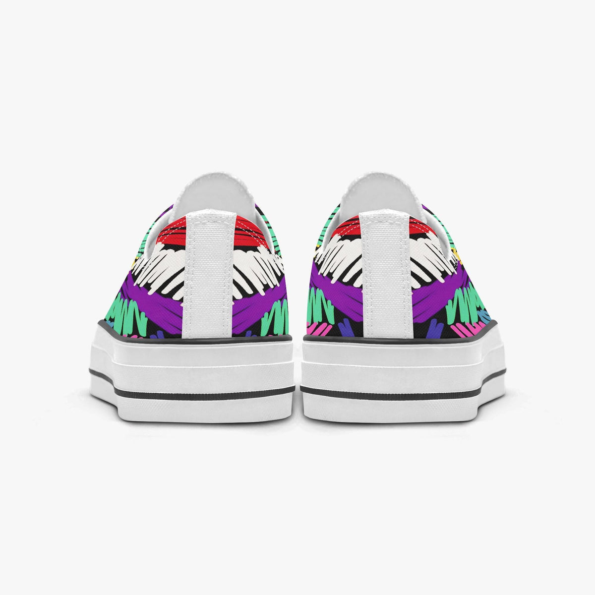A pair of colorful, patterned sneakers with a vibrant design on the back.