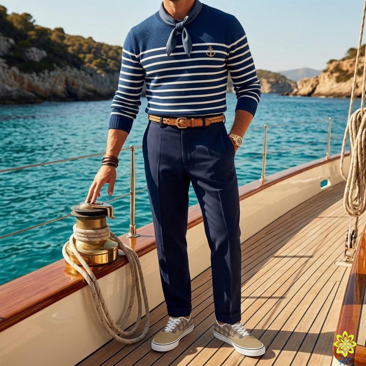 A man in a striped sweater and navy blue pants stands on a wooden deck, holding a rope and looking out at the water.