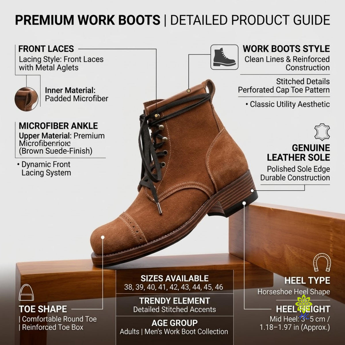 A product information graphic for premium work boots, featuring a brown lace-up boot on a wooden platform with callout labels for front laces, inner material, ankle support, heel type, toe shape, heel height, sizes, and age group. The left side includes feature callouts and icons on a light gray background.