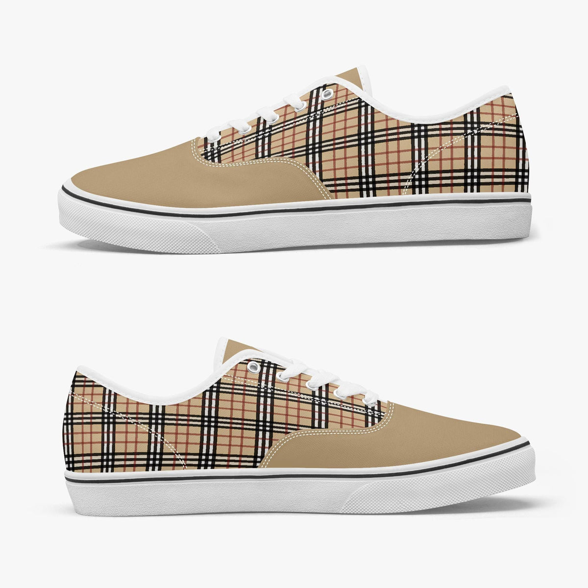 A pair of tan and black plaid sneakers with white laces.