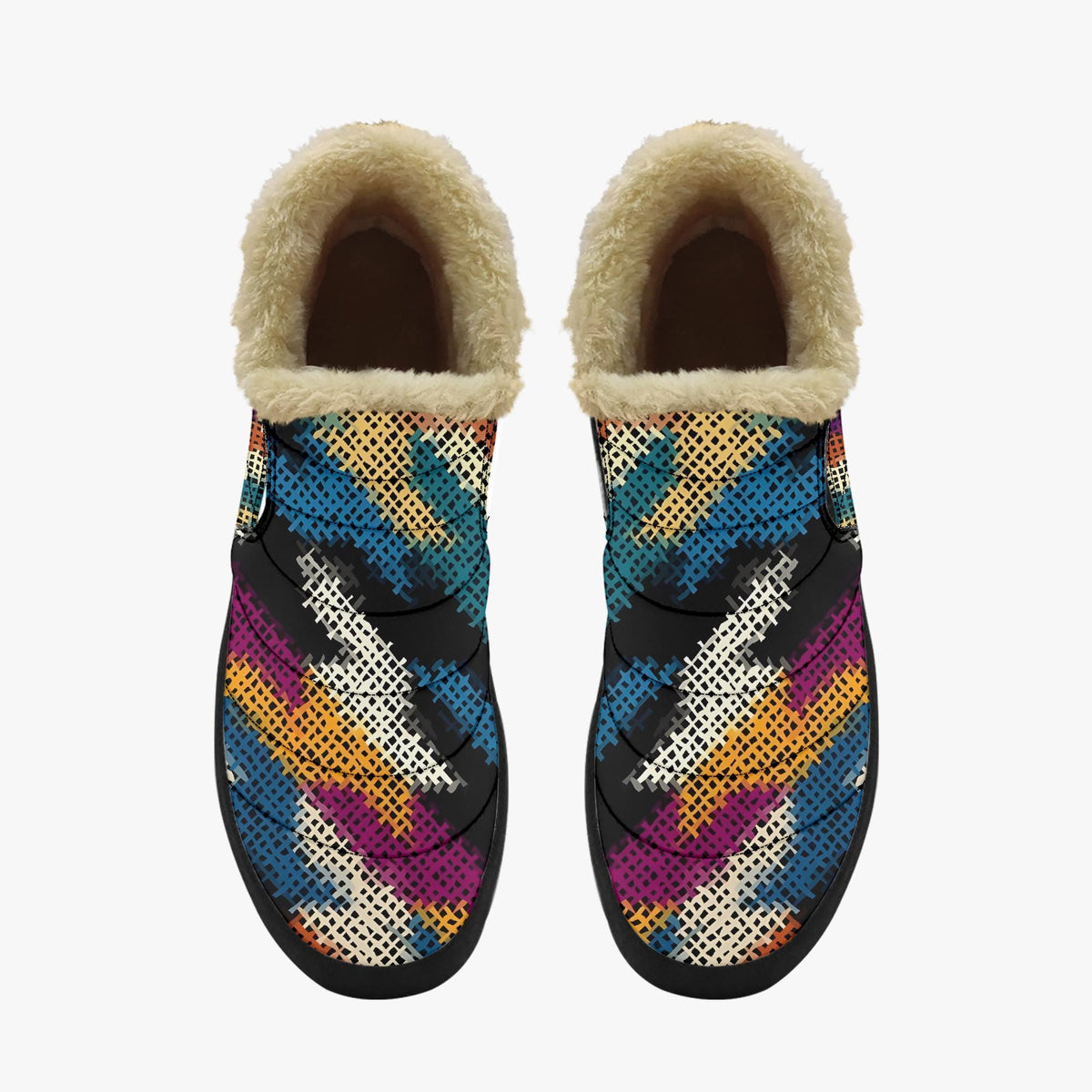 A pair of colorful, patterned shoes with fur trim.