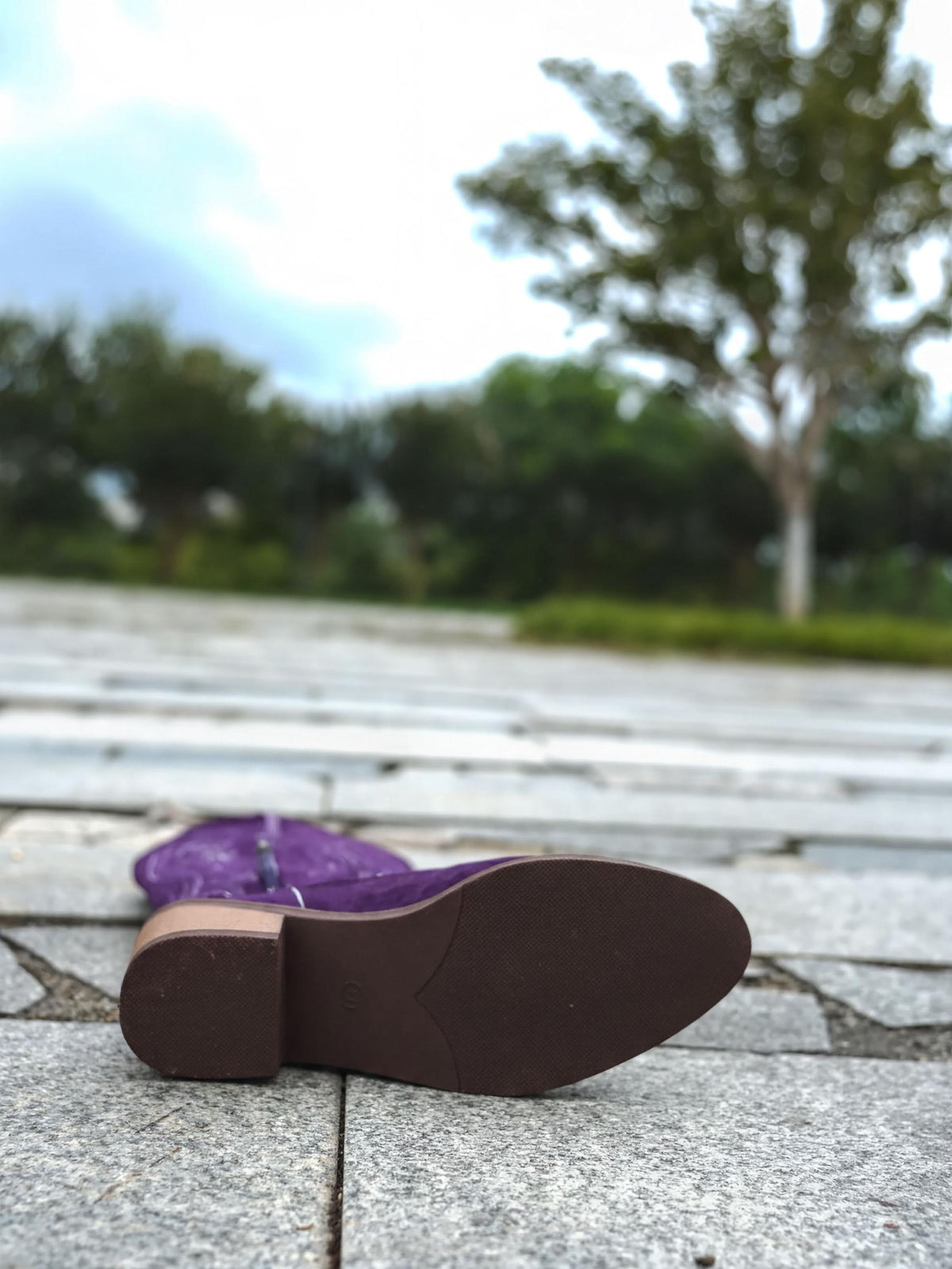 A purple boot lies on a stone path, with a blurred background of trees and foliage.
