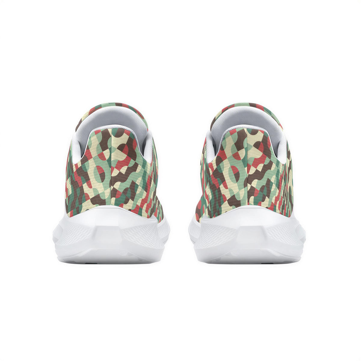 A pair of camouflage-patterned sneakers with white soles.