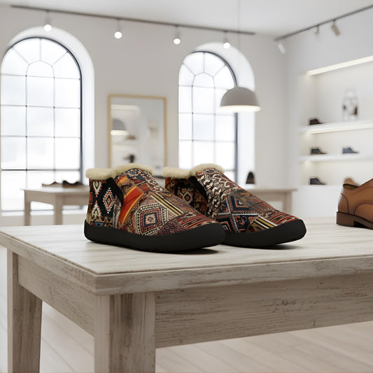 A pair of patterned shoes is displayed on a wooden table in a well-lit, minimalist room with arched windows.