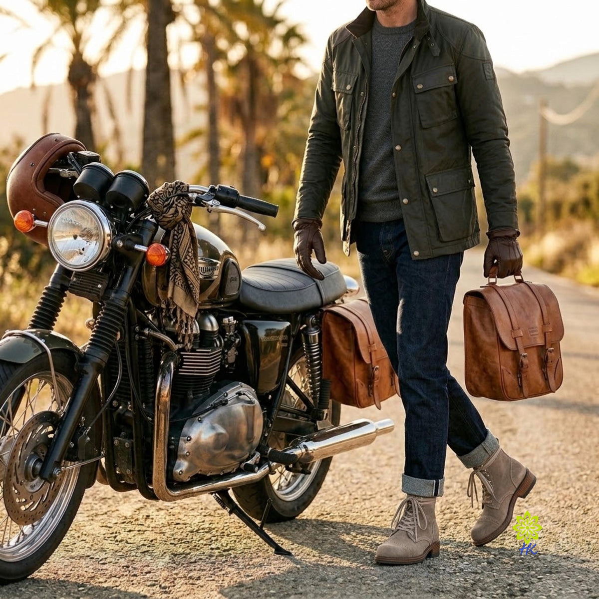 A man wearing a dark olive green jacket, gray shirt, blue jeans, and beige boots stands beside a black cruiser motorcycle on a sunlit road, holding a brown leather satchel bag. The motorcycle has brown leather saddlebags and a brown helmet on the handlebar.