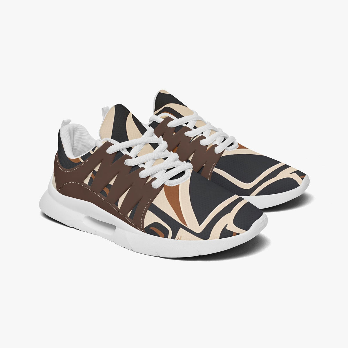 A pair of sneakers with a unique, abstract pattern in shades of brown and black.