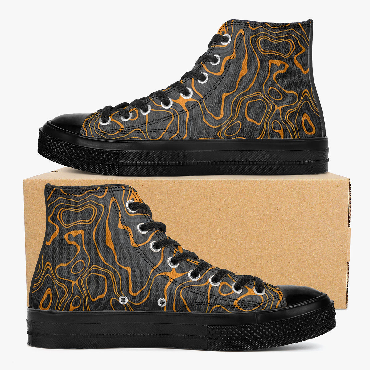 A pair of high-top canvas sneakers in dark brown with a repeating light blue 'Utopia' script and dot pattern, displayed on a brown shoebox against a light gray background.