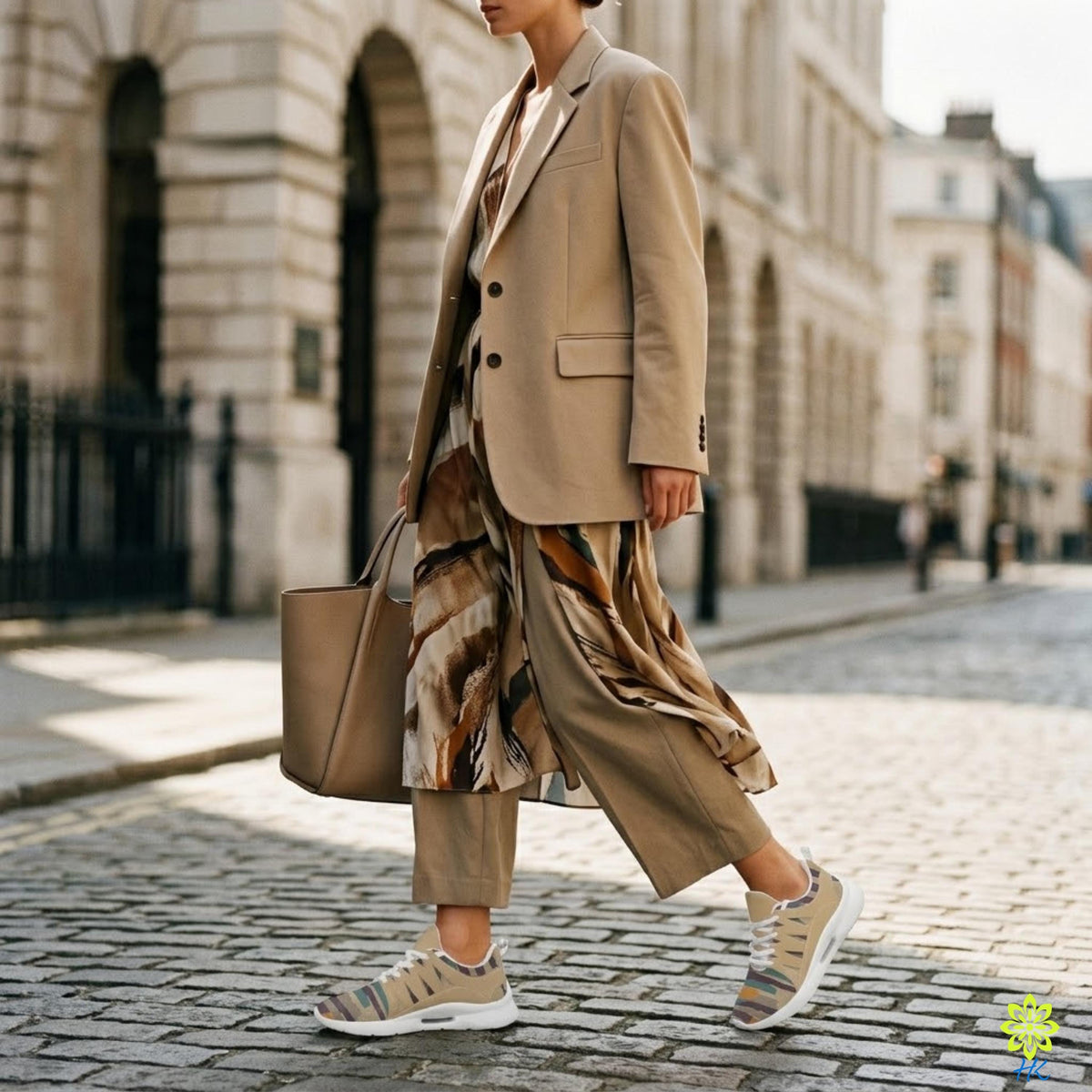 A woman wearing a beige jacket, brown skirt, and sneakers walks down a cobblestone street, carrying a bag.