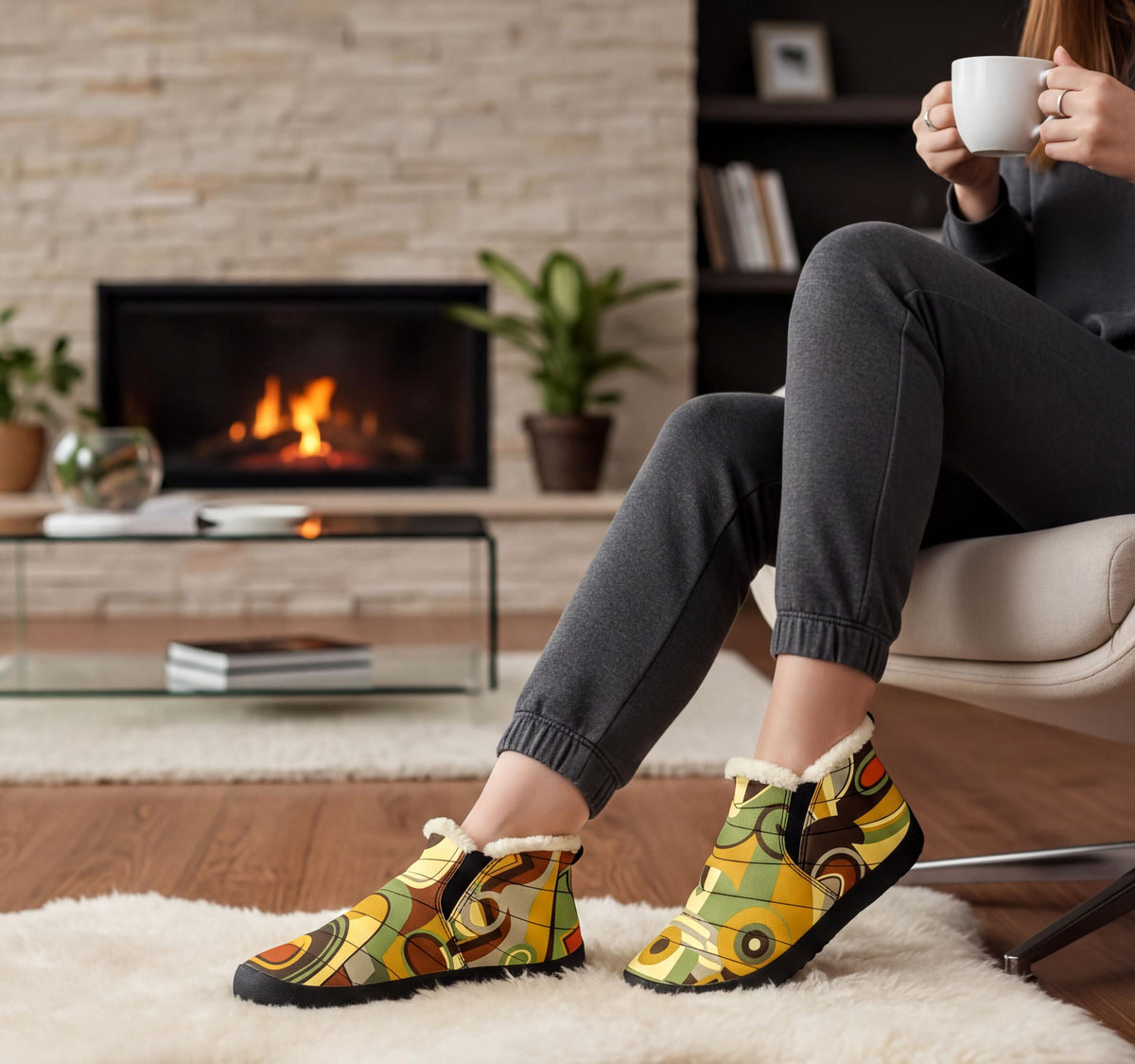 A person sitting in a chair near a fireplace, wearing colorful slippers and holding a cup of coffee.