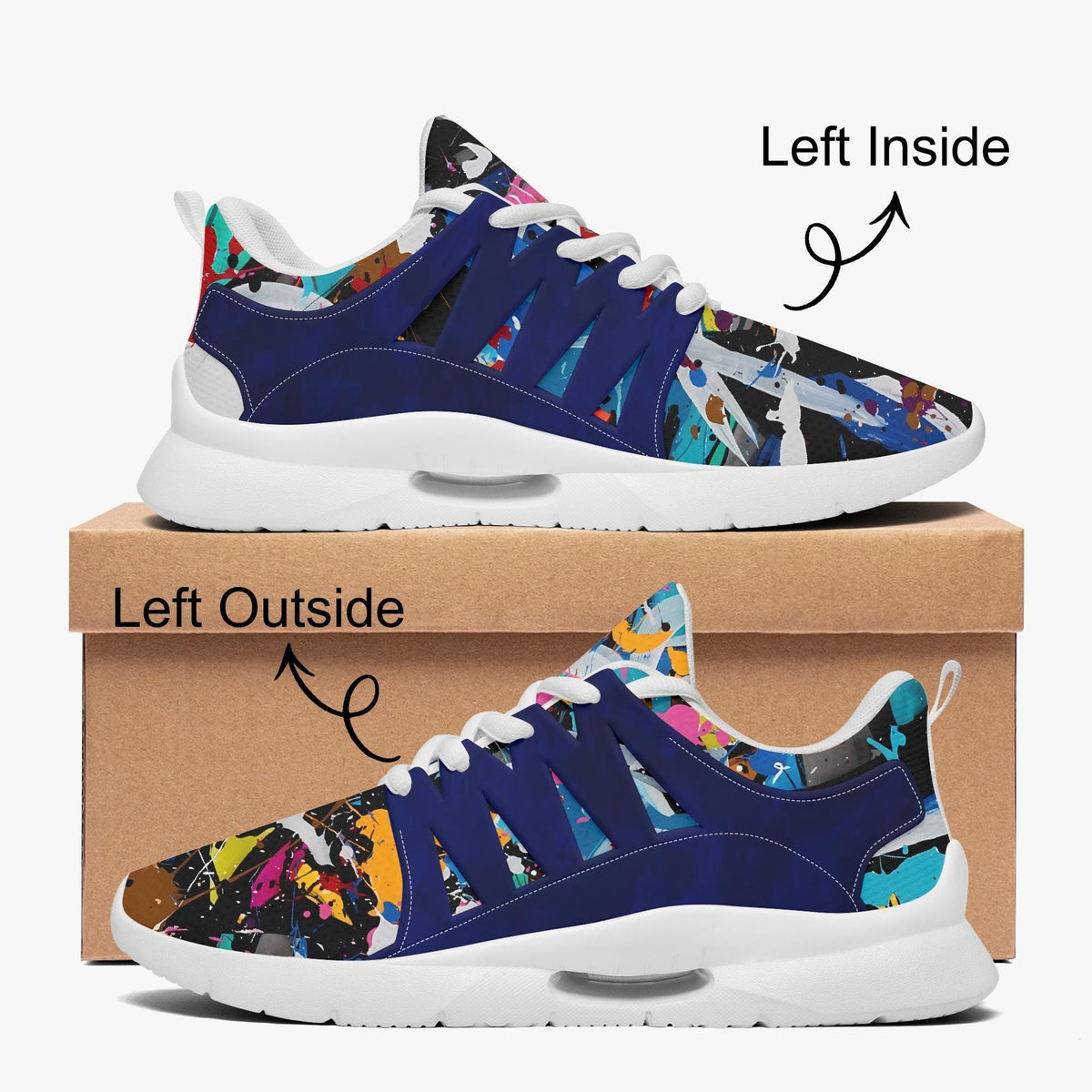 a pair of colorful sneakers with a patterned design, displayed on top of a cardboard box.