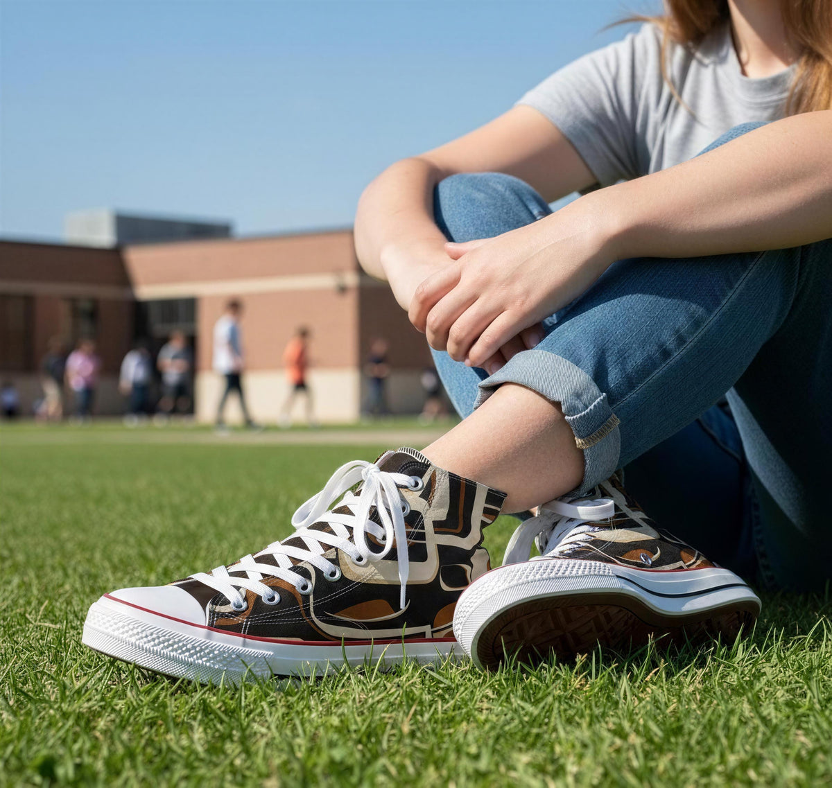 A person sitting on the grass wearing sneakers and jeans, with a building in the background.