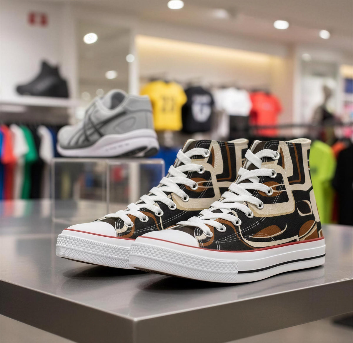 A pair of high-top sneakers with a distinctive black and white pattern is displayed on a store shelf, with various clothing items visible in the background.