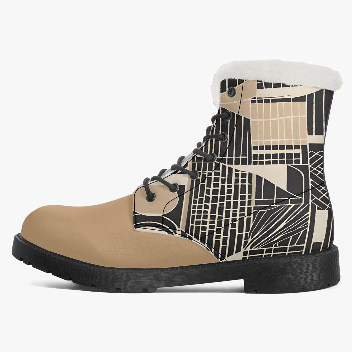 A tan and black patterned boot with a white fur trim.