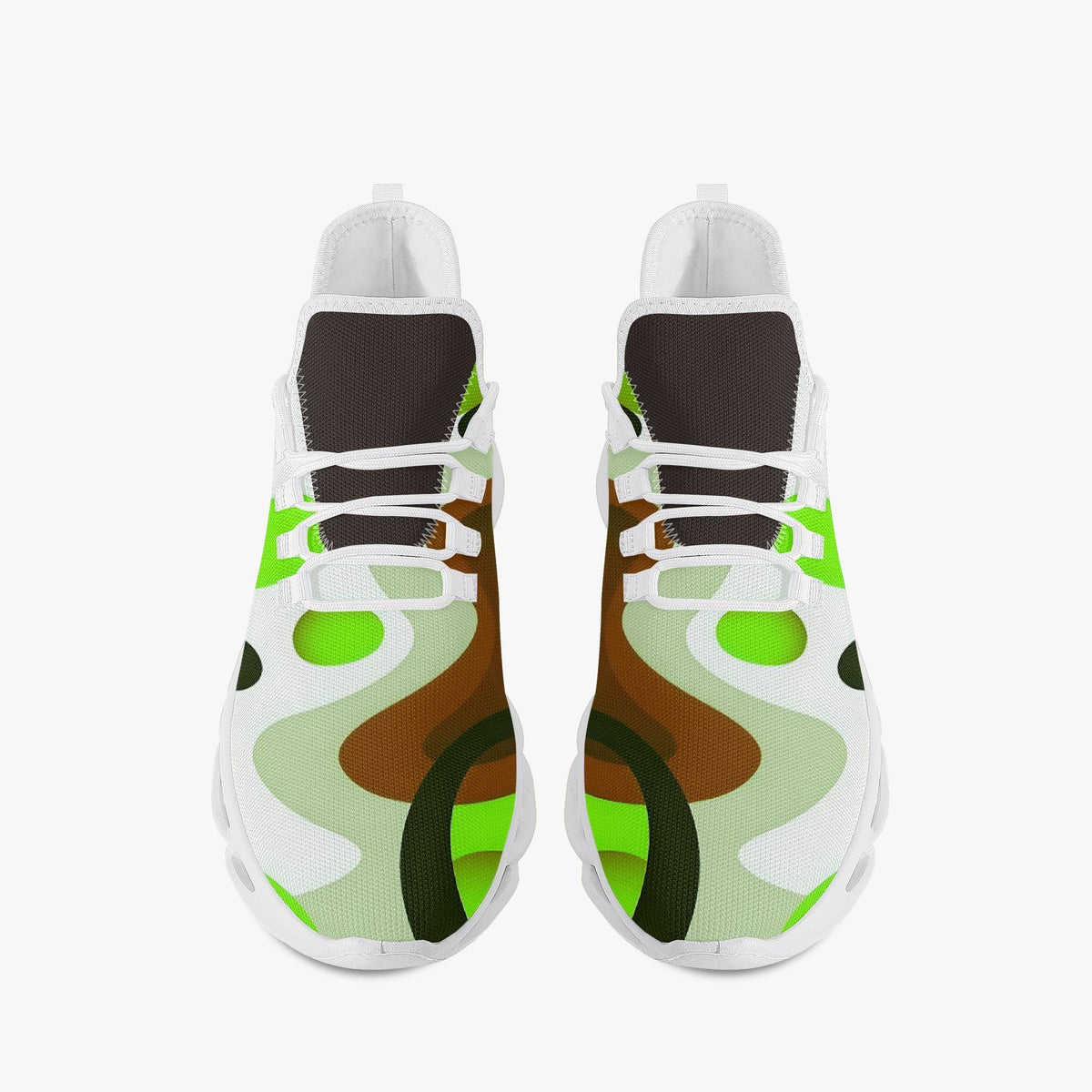 A pair of white sneakers with a colorful abstract pattern on the side.
