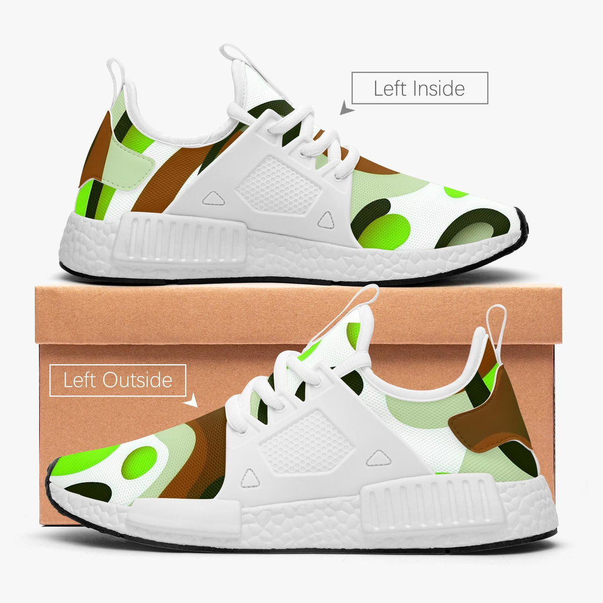 a pair of white sneakers with a camouflage pattern on the side.