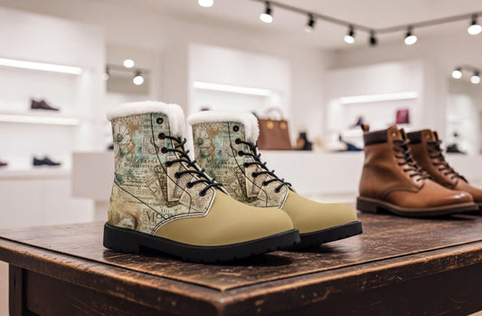 A pair of yellow boots with a patterned design, displayed on a wooden table in a store.
