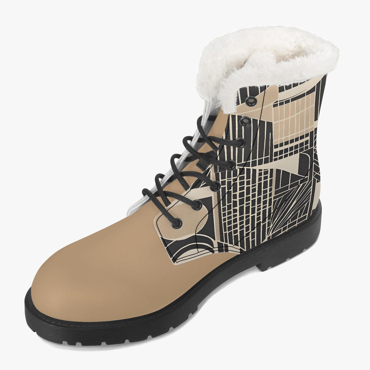 A tan and black patterned boot with a white fur lining.