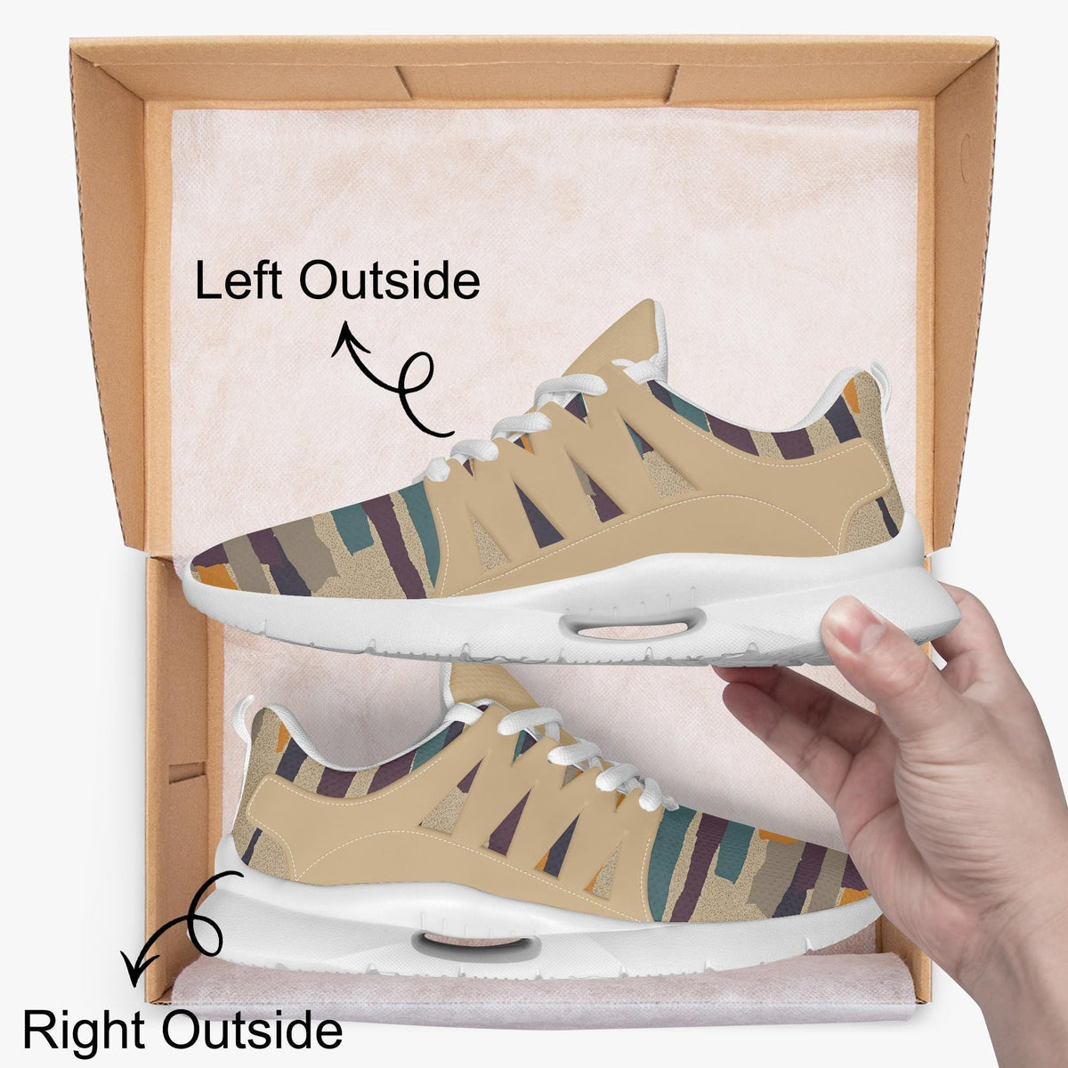 A hand is holding a pair of colorful sneakers with a box, and there is text indicating the left and right sides of the sneakers.