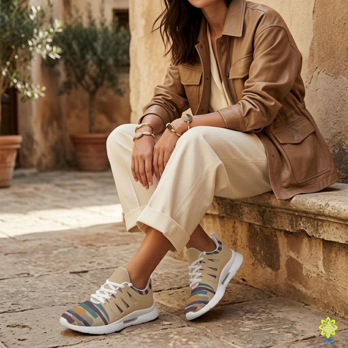A woman wearing a brown jacket, beige pants, and colorful sneakers is sitting on a stone wall, with potted plants in the background.
