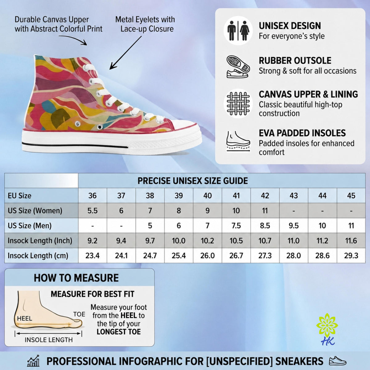 An infographic for unisex sneakers showing a colorful canvas shoe with metal eyelets, feature callouts, a precise unisex size guide in a size table, and a how-to-fit diagram on a blue gradient background.