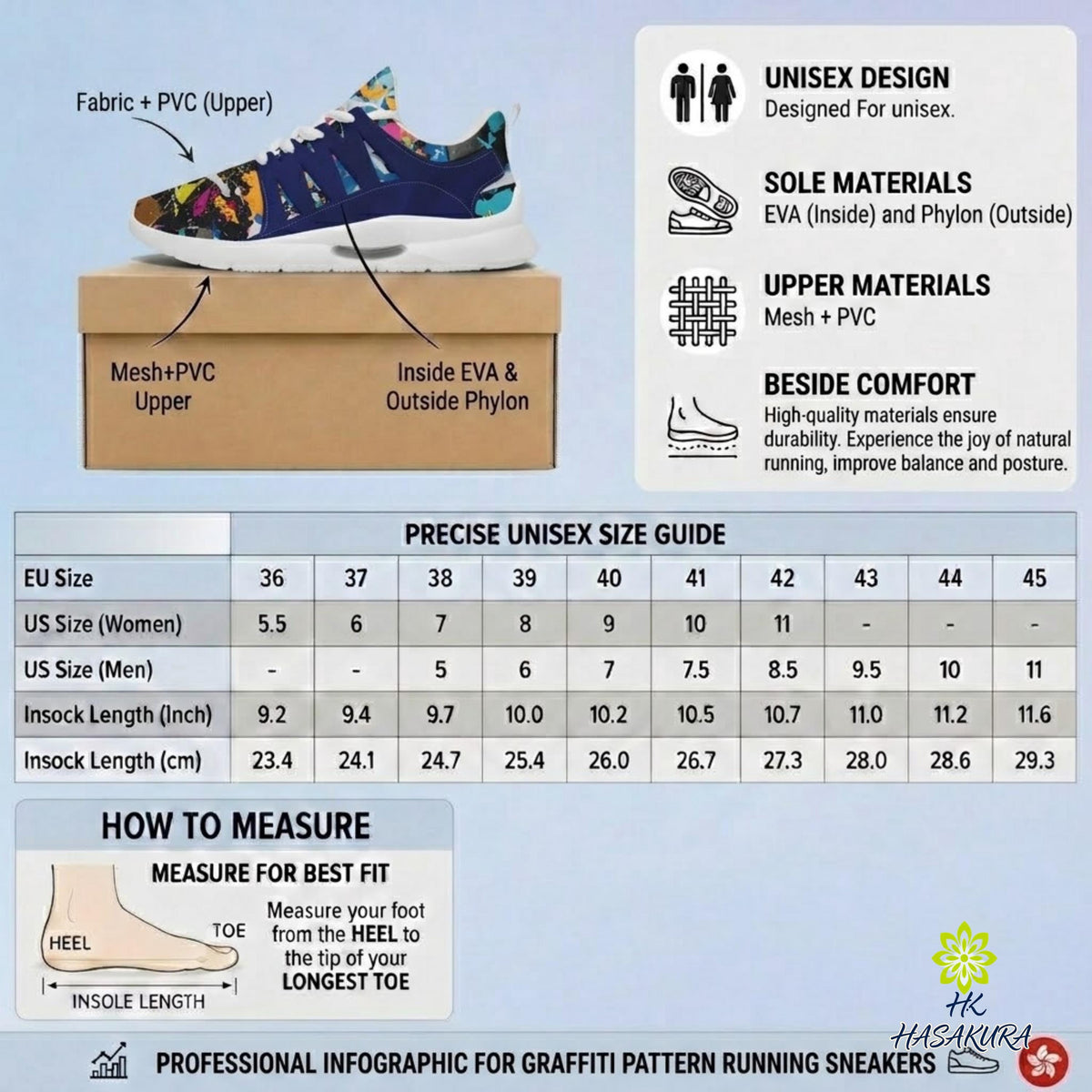 The image is a professional infographic that provides information about a pair of sneakers, including details about the fabric, sole materials, and measurements for different sizes.