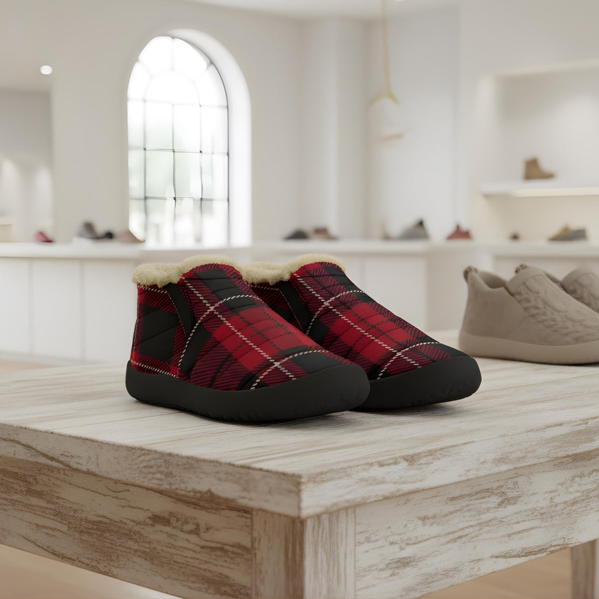 A pair of red and black plaid slippers with fur trim are displayed on a wooden table in a store, with other shoes visible in the background.