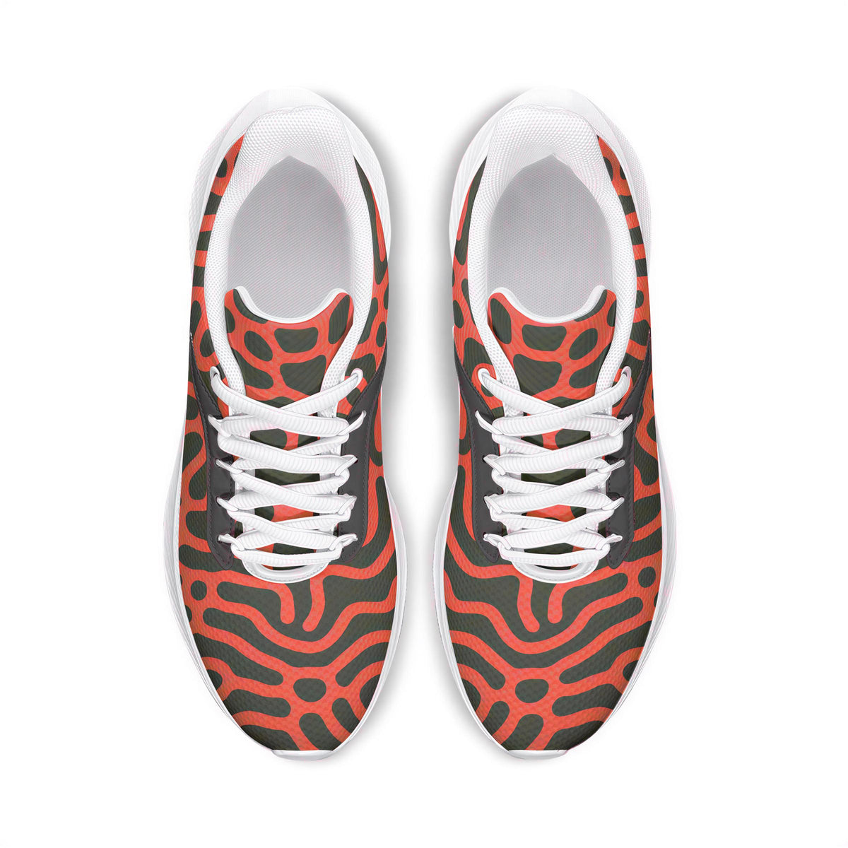 A pair of red and black patterned sneakers with white laces.