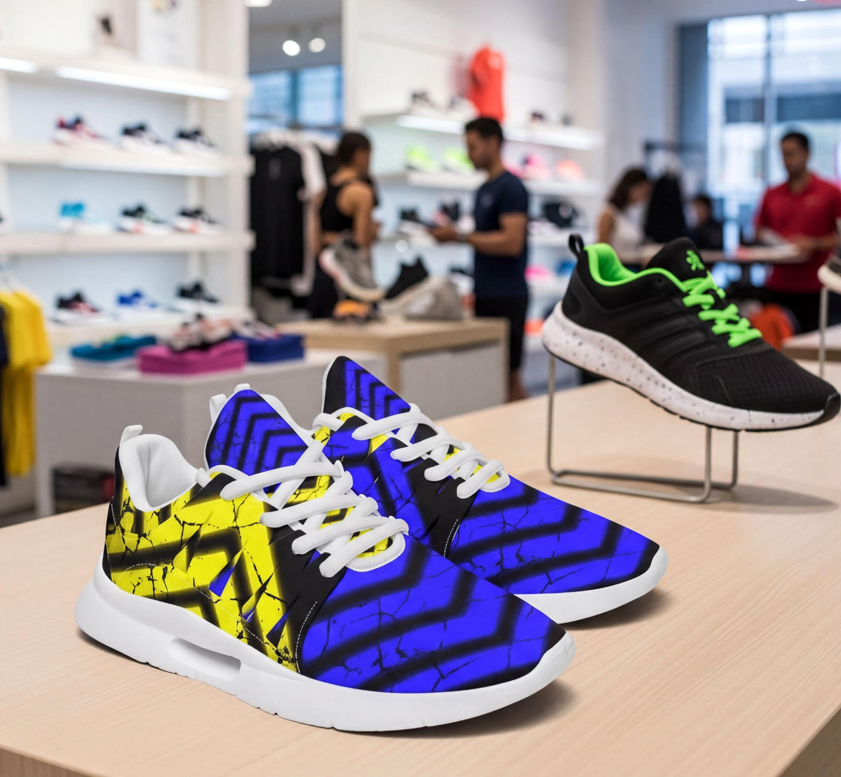 A pair of colorful sneakers with a bold, geometric pattern in yellow, blue, and black is displayed on a wooden table in a store, with other shoes and clothing visible in the background.