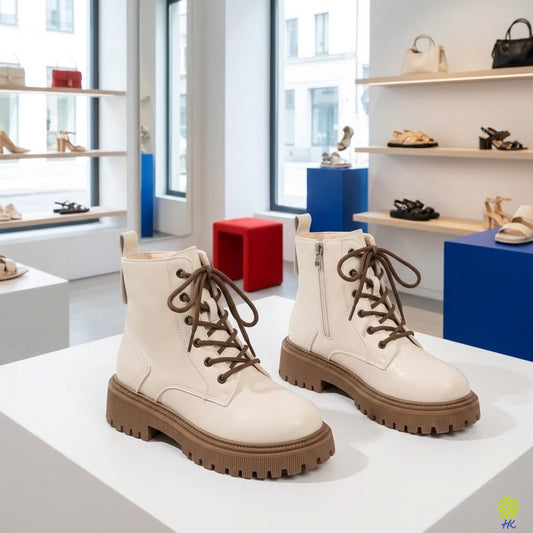 Botines de plataforma color crema con cordones marrón y suela de goma marrón tipo tacos, vista frontal de tres cuartos