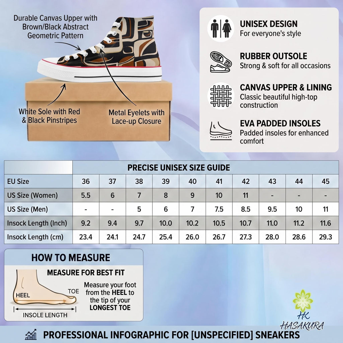 The image is a professional infographic for sneakers, providing information on the sizes and features of different styles of sneakers.