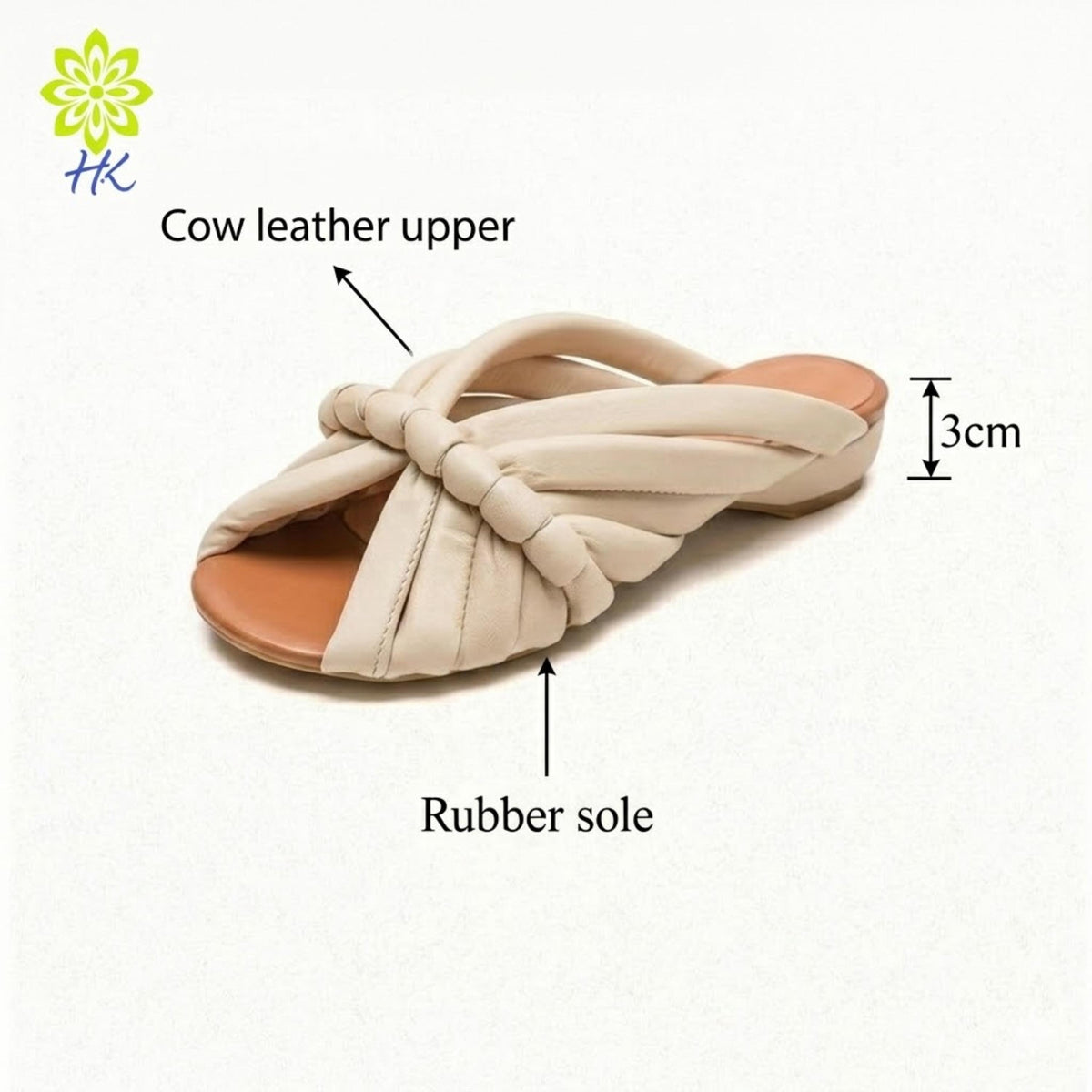 A close-up view of a beige leather sandal with a rubber sole, labeled with dimensions and features.