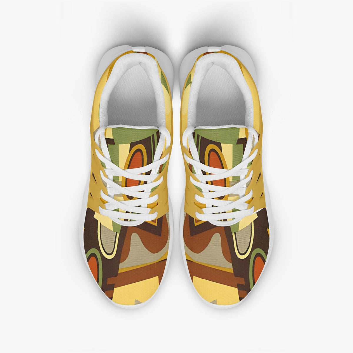 A pair of colorful, abstract-patterned sneakers with white laces.