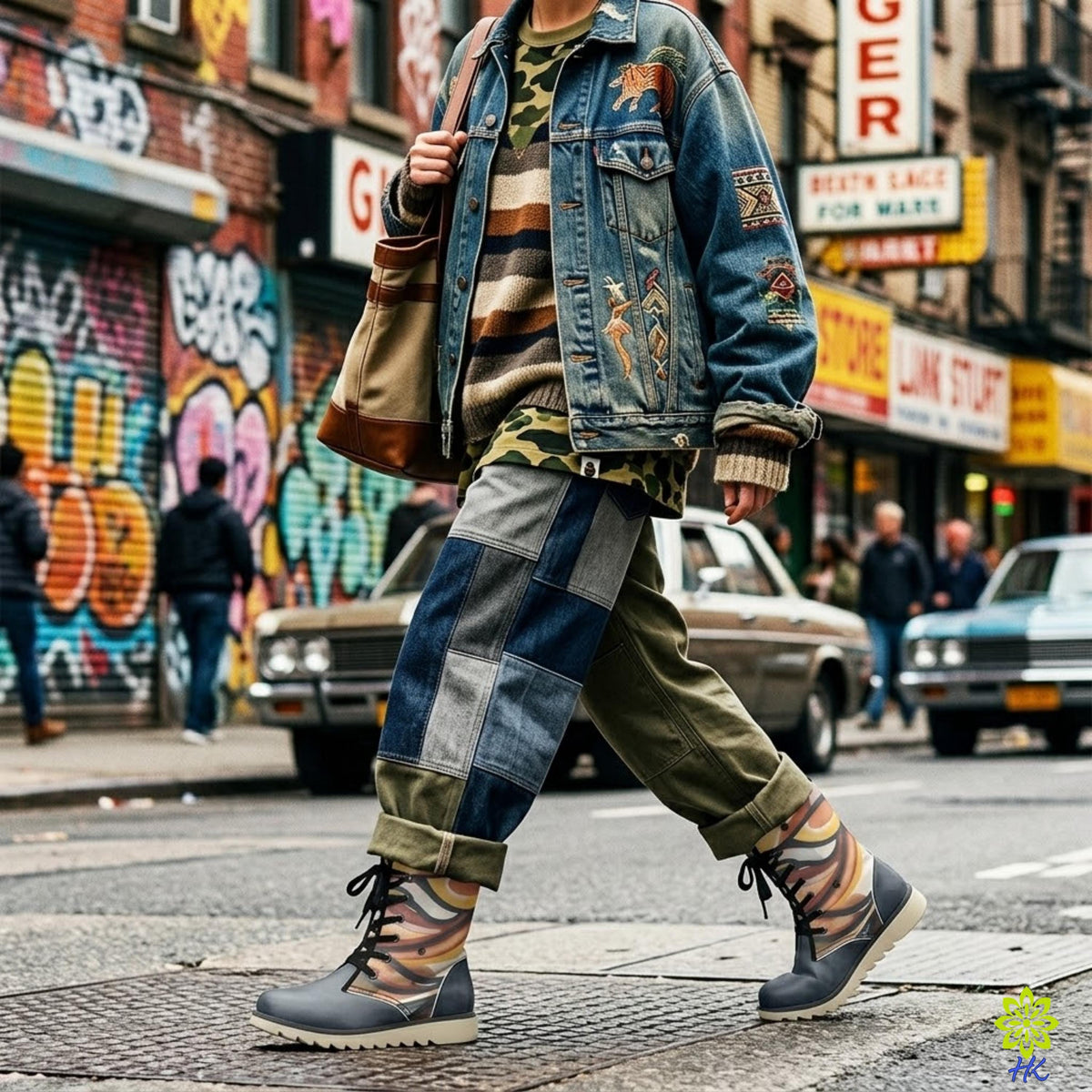 Model met winterlaarzen met abstract motief bij een denim en patchwork outfit op straat