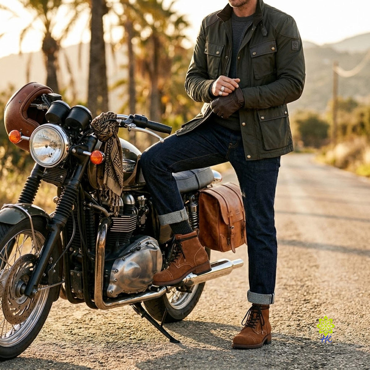 A man wearing a dark olive green jacket, dark jeans, and brown boots stands beside a black cruiser motorcycle on a sunlit country road, with a brown leather saddle bag attached to the bike.