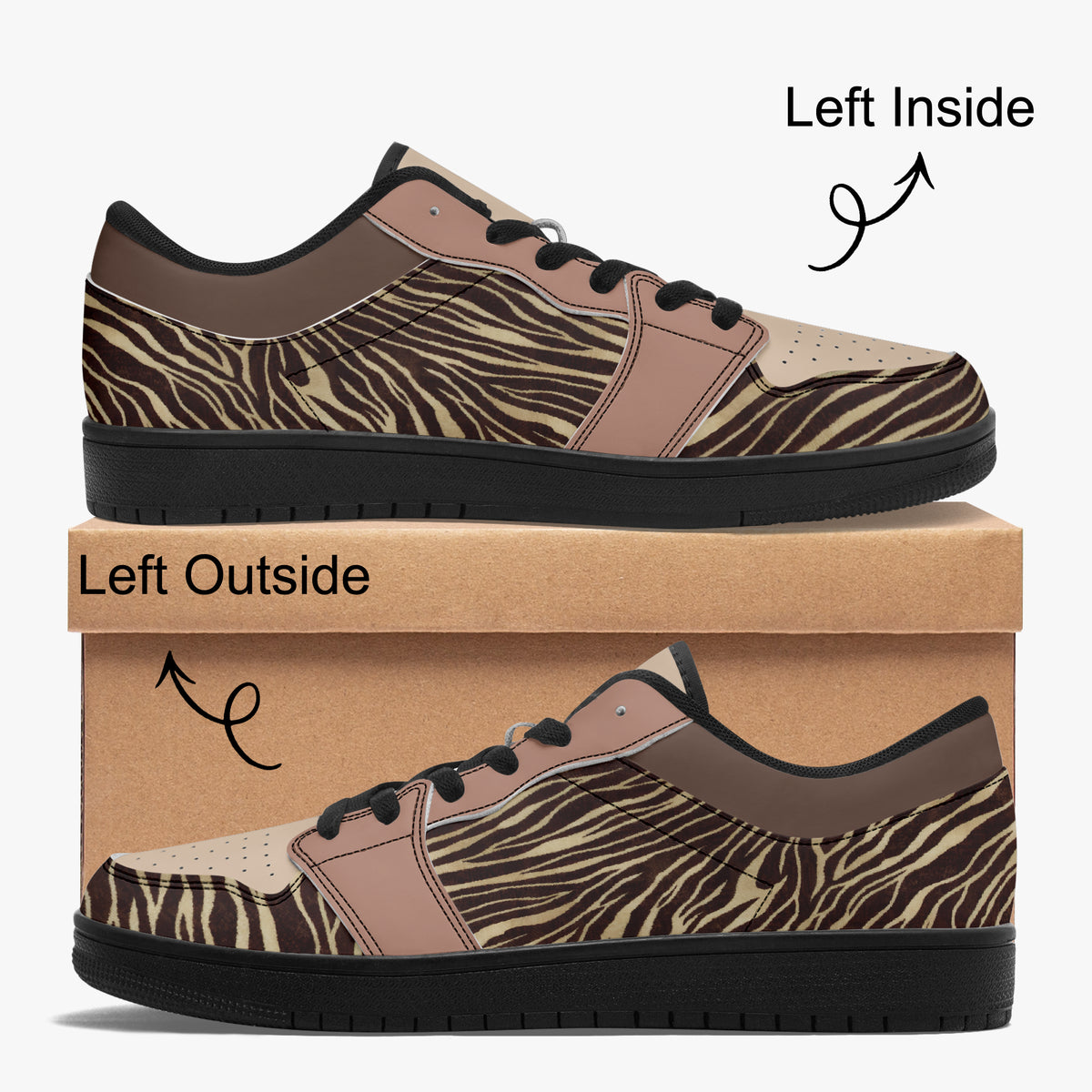 Outside view of a single left zebra print sneaker