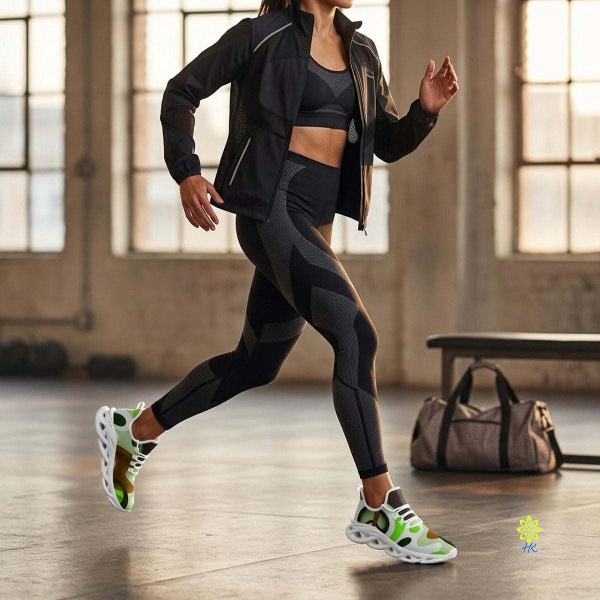 A woman in athletic clothing is running in a gym, wearing a black jacket, leggings, and colorful sneakers.