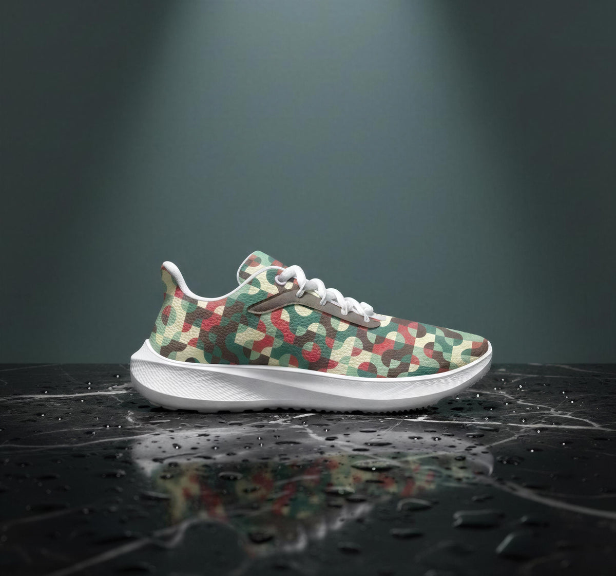 A camouflage-patterned sneaker is displayed on a black marble surface with water droplets, creating a visually striking contrast.