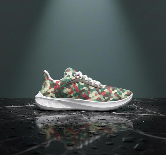 A camouflage-patterned sneaker is displayed on a black marble surface with water droplets, creating a visually striking contrast.