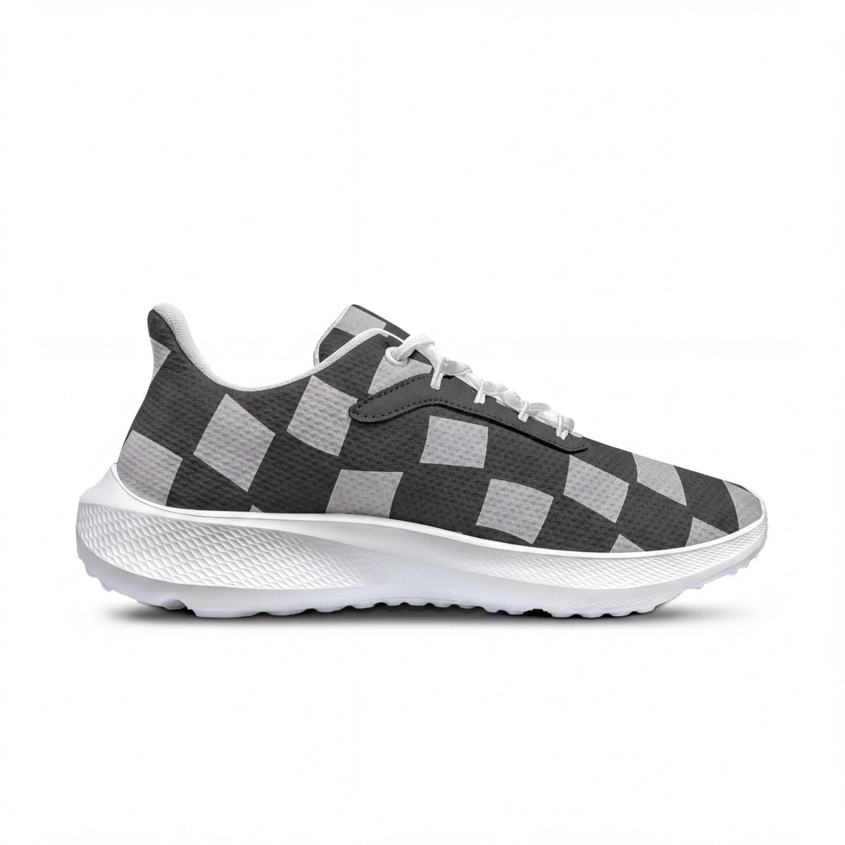 A black and white checkered patterned sneaker with a white sole.