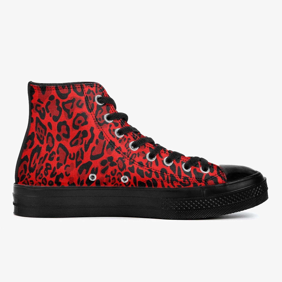 A red and black high-top sneaker with a leopard print pattern.