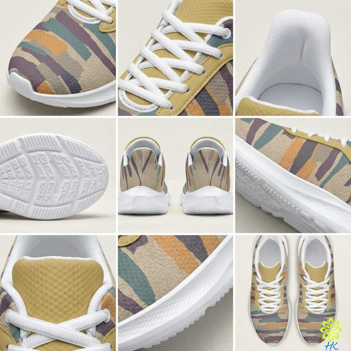 A collage of various close-up views of a pair of colorful sneakers, showcasing different aspects of the footwear, such as the laces, sole, and upper.