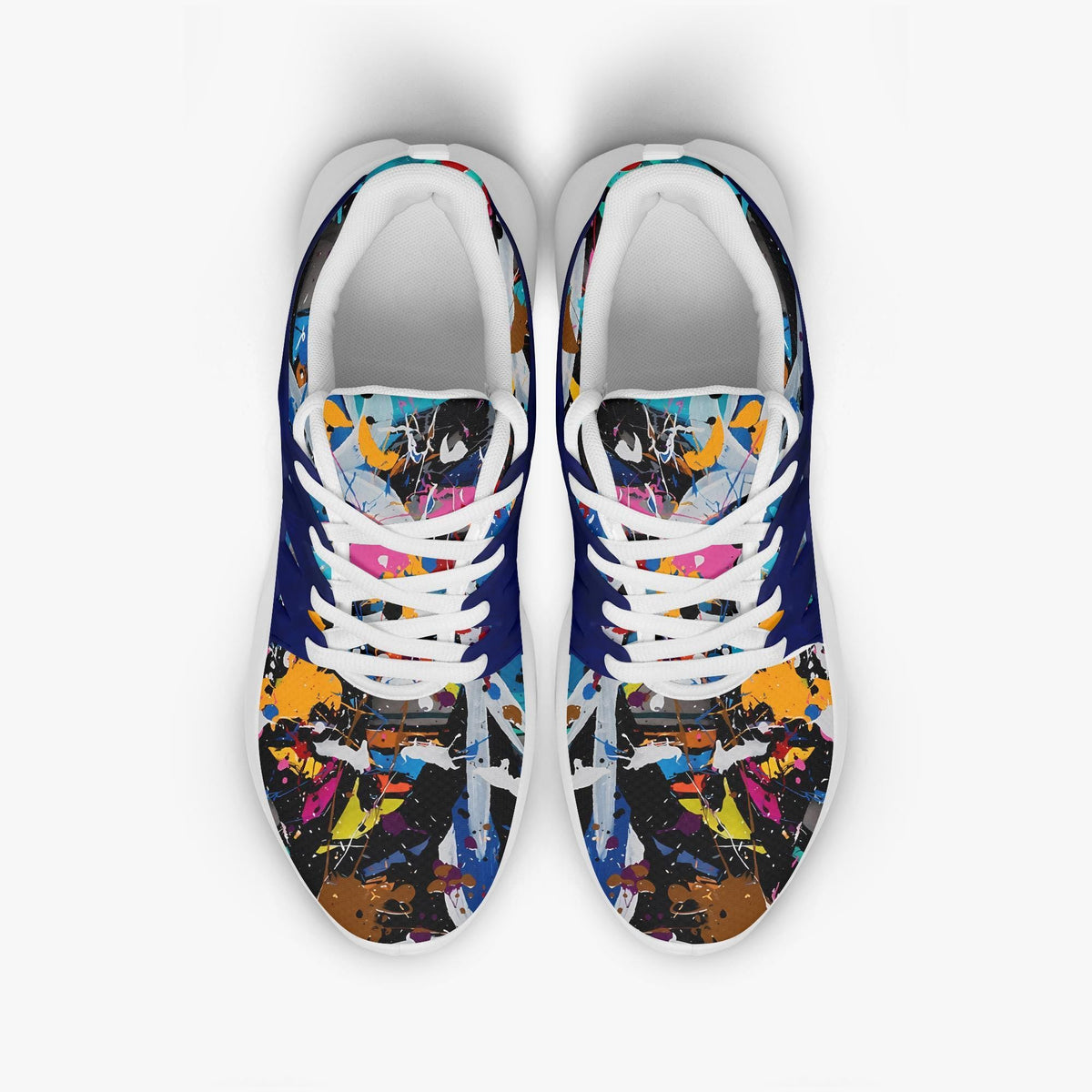 A pair of colorful, patterned sneakers with a vibrant, abstract design.