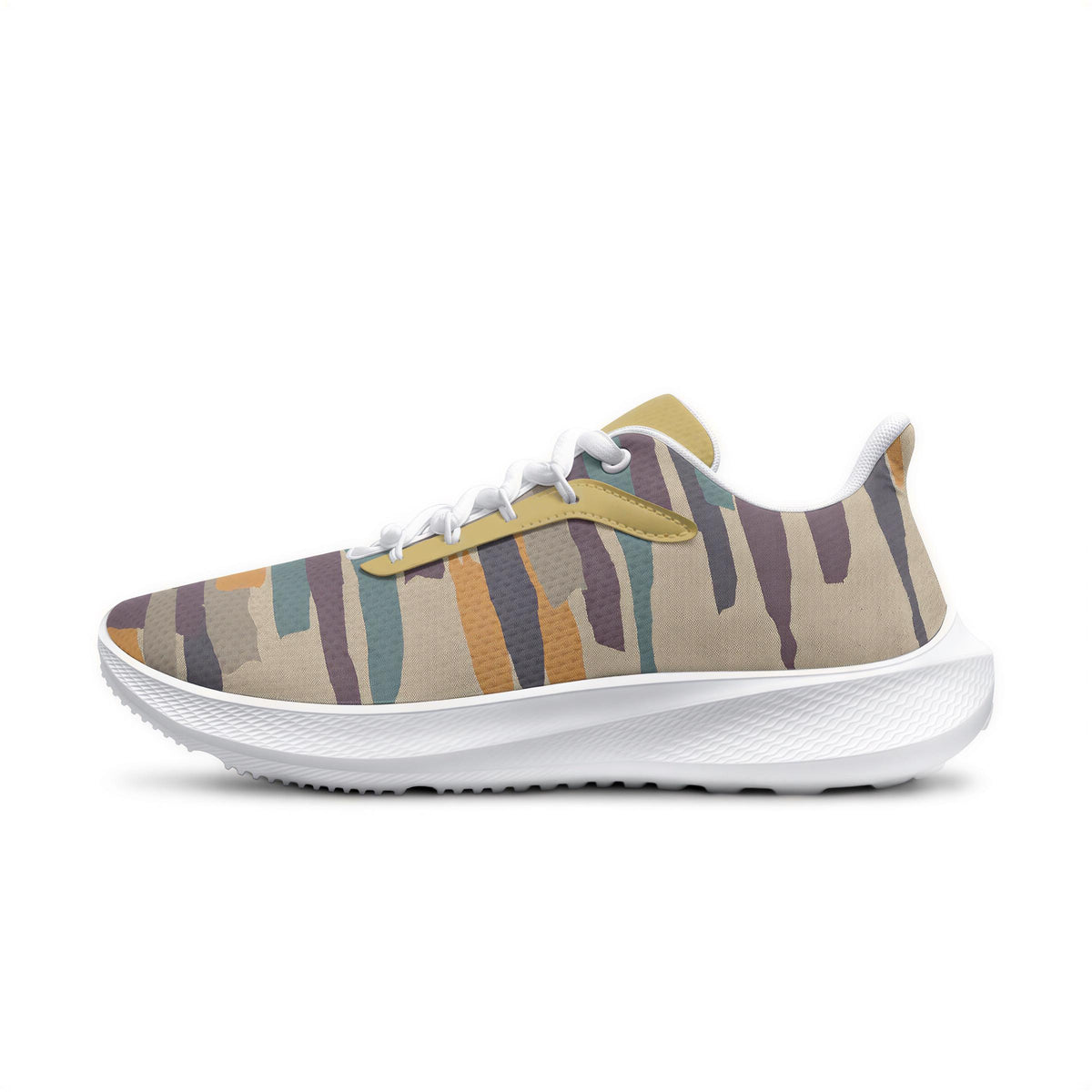 A colorful, patterned sneaker with a white sole and laces.