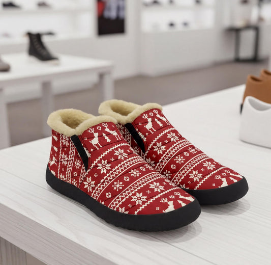 A pair of red and white patterned boots with fur lining, displayed on a white table in a store.