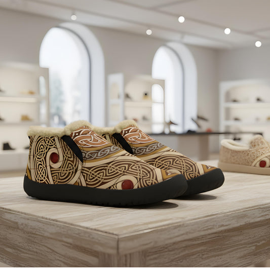 A pair of patterned shoes with fur trim, displayed on a wooden surface in a store.